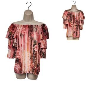 Cato Est 1946 Tiered Ruffle Sleeve 3/4 Sleeve Floral Blouse Pink/Black Size M